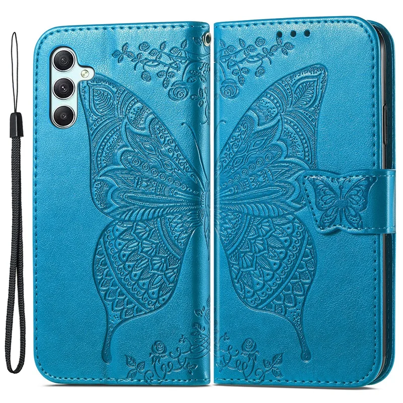 For Samsung Galaxy A35 5G Leather Case Butterfly Imprinted Phone Cover with Wrist Strap - Blue
