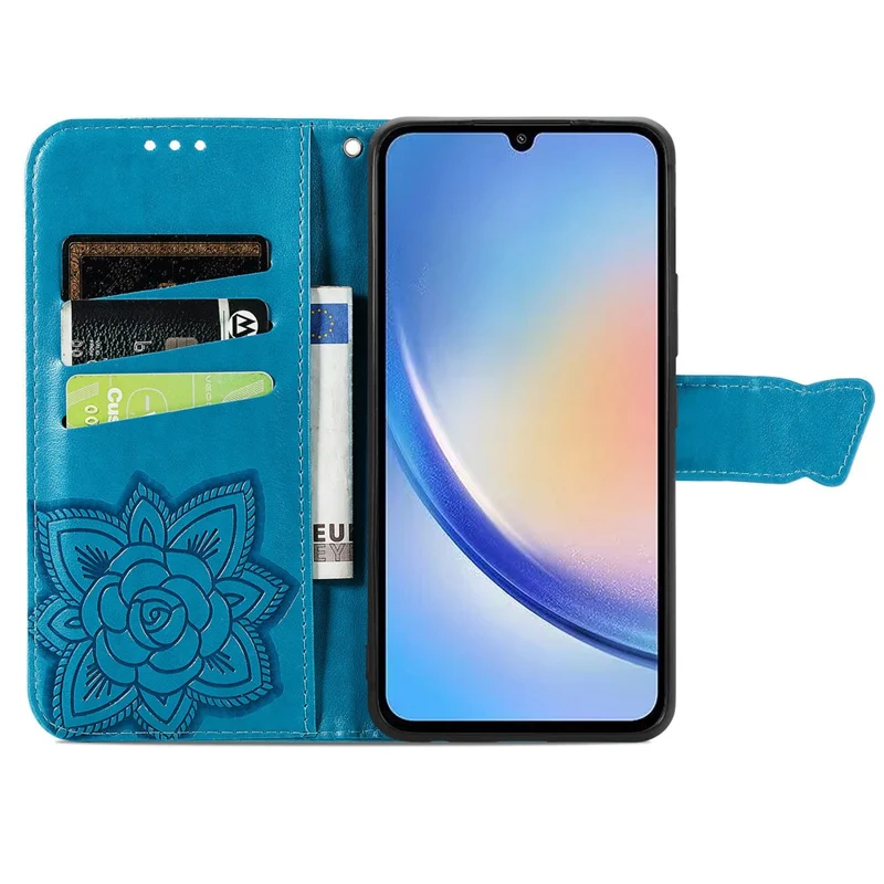 For Samsung Galaxy A35 5G Leather Case Butterfly Imprinted Phone Cover with Wrist Strap - Blue