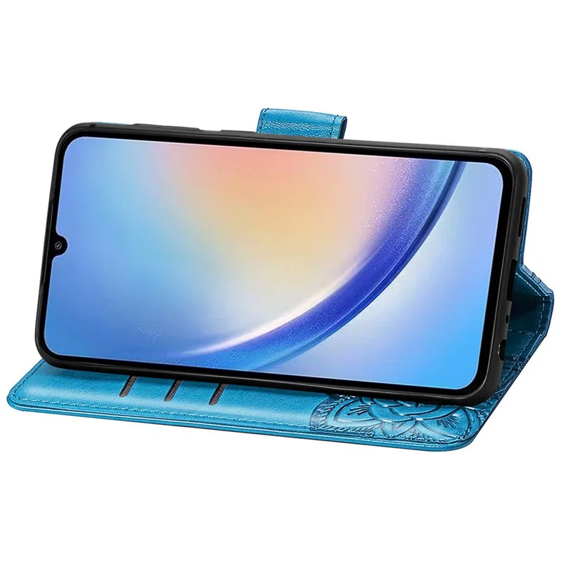 For Samsung Galaxy A35 5G Leather Case Butterfly Imprinted Phone Cover with Wrist Strap - Blue