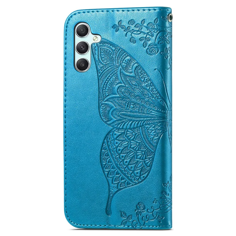 For Samsung Galaxy A35 5G Leather Case Butterfly Imprinted Phone Cover with Wrist Strap - Blue