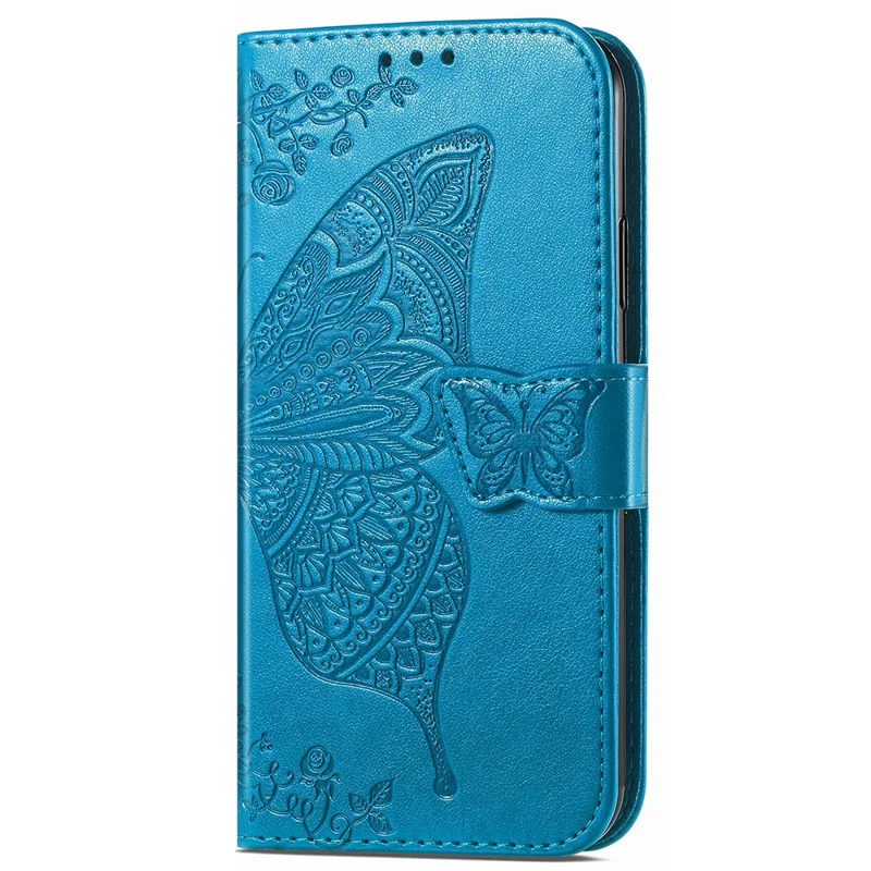 For Samsung Galaxy A35 5G Leather Case Butterfly Imprinted Phone Cover with Wrist Strap - Blue
