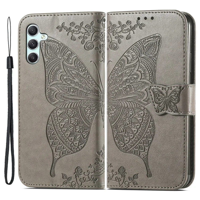 For Samsung Galaxy A35 5G Leather Case Butterfly Imprinted Phone Cover with Wrist Strap - Grey