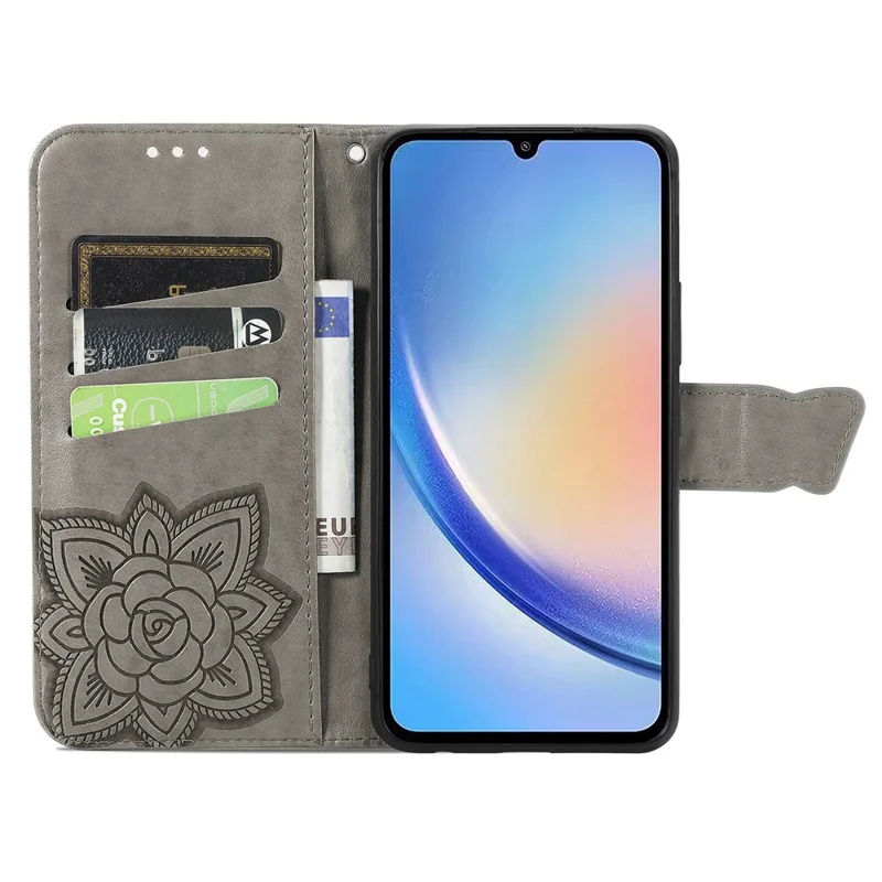 For Samsung Galaxy A35 5G Leather Case Butterfly Imprinted Phone Cover with Wrist Strap - Grey