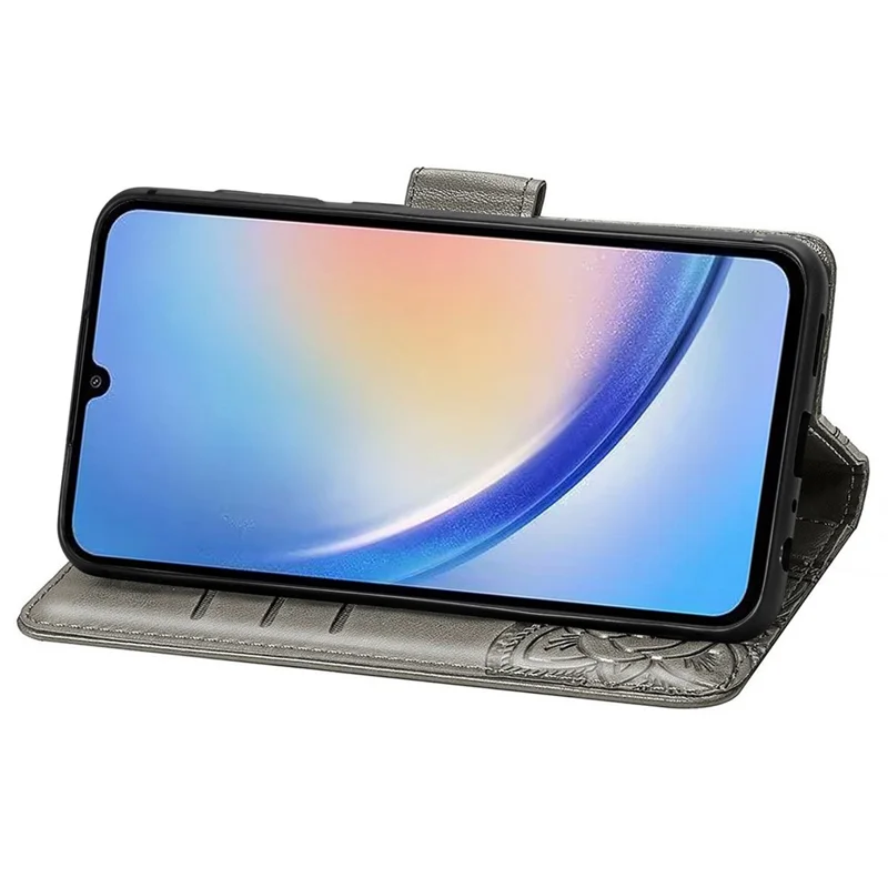 For Samsung Galaxy A35 5G Leather Case Butterfly Imprinted Phone Cover with Wrist Strap - Grey