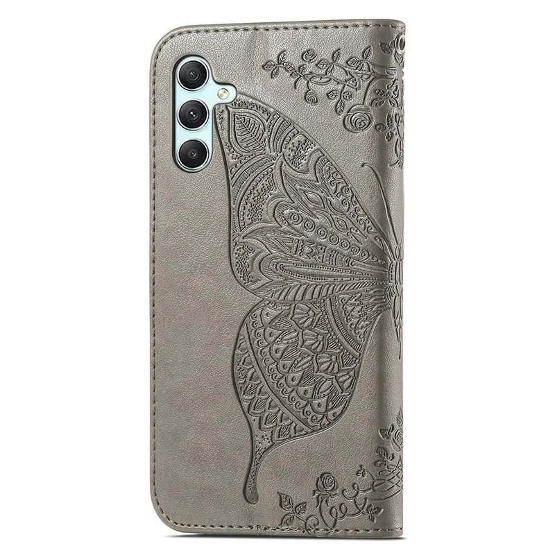For Samsung Galaxy A35 5G Leather Case Butterfly Imprinted Phone Cover with Wrist Strap - Grey