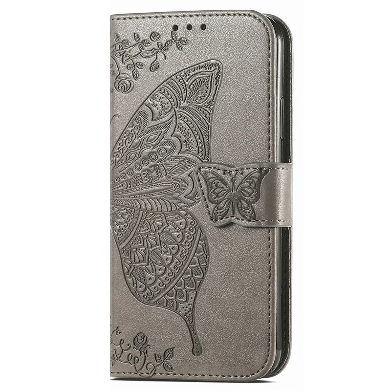 For Samsung Galaxy A35 5G Leather Case Butterfly Imprinted Phone Cover with Wrist Strap - Grey