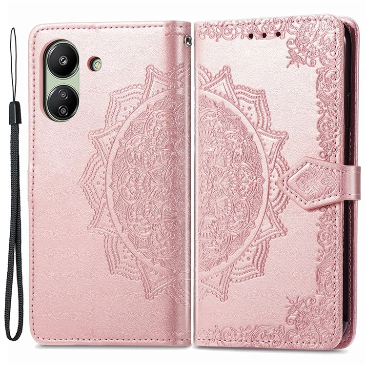Для Xiaomi Redmi 13C 4G / 13C 5G / 13R 5G / Poco M6 5G / Poco C65 4G Чехол для телефона Mandala Embossed Leather Cover with Wallet - Rose Gold