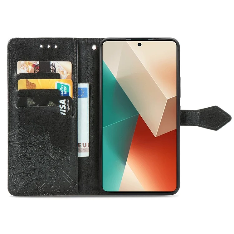 For Xiaomi Redmi Note 13 5G Case 3 Card Slots Mandala PU Leather Wallet Phone Cover - Black