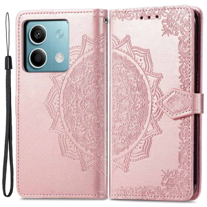 For Xiaomi Redmi Note 13 5G Case 3 Card Slots Mandala PU Leather Wallet Phone Cover - Rose Gold