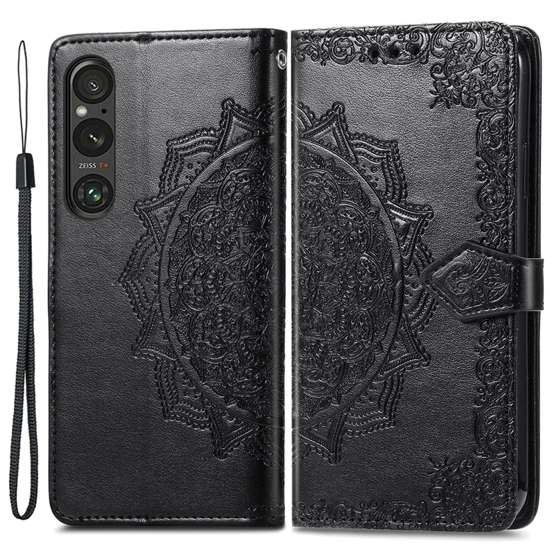 For Sony Xperia 1 V Case Mandala Embossed Leather Phone Cover with 3 Card Slots - Black