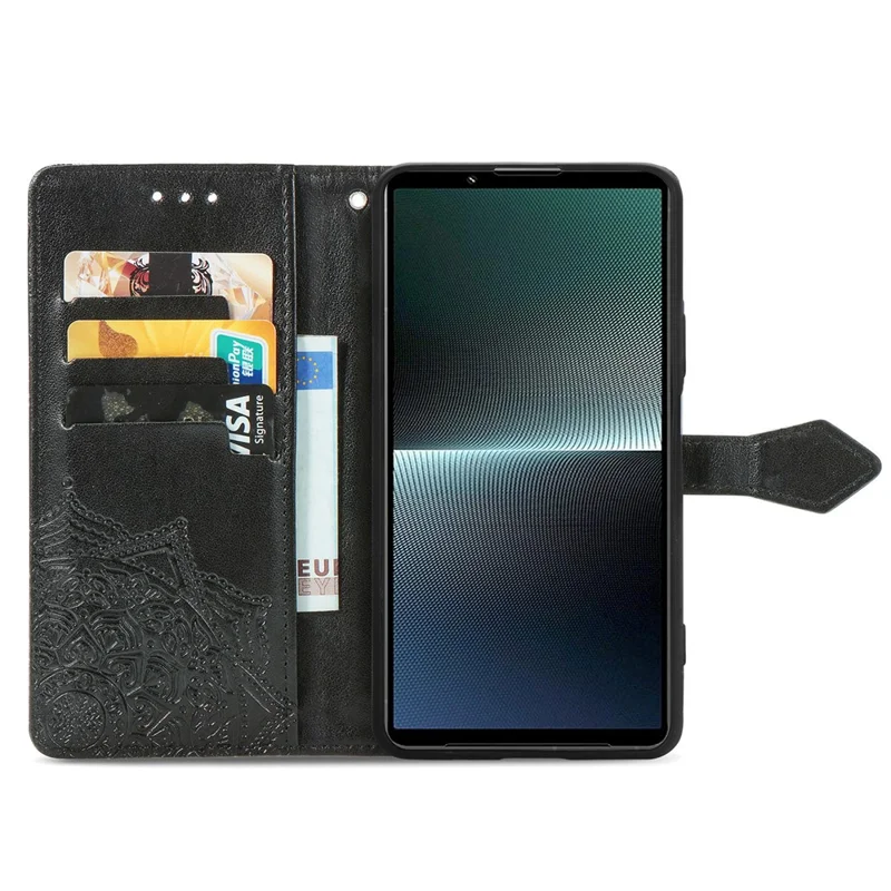 For Sony Xperia 1 V Case Mandala Embossed Leather Phone Cover with 3 Card Slots - Black