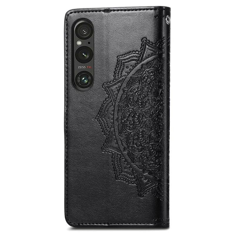 For Sony Xperia 1 V Case Mandala Embossed Leather Phone Cover with 3 Card Slots - Black