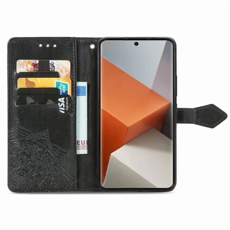 Para Xiaomi Redmi Note 13 Pro+ 5G Case Mandala Leather Phone Cover com 3 Slots de Cartão Carteira - Preto