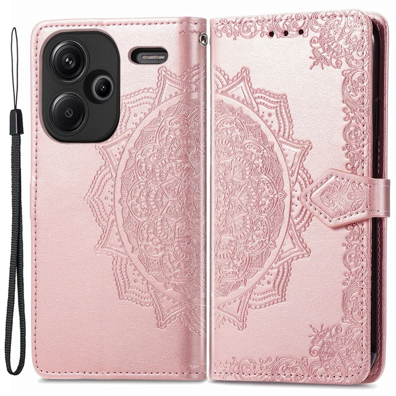 For Xiaomi Redmi Note 13 Pro+ 5G Case Mandala Leather Phone Cover with 3 Card Slots Wallet - Rose Gold
