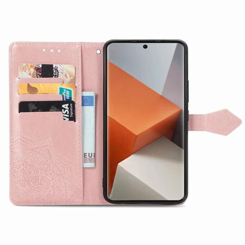 For Xiaomi Redmi Note 13 Pro+ 5G Case Mandala Leather Phone Cover with 3 Card Slots Wallet - Rose Gold