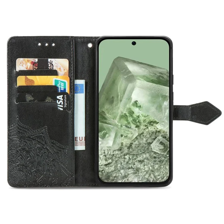 Для Google Pixel 8a Case Flip Wallet Кожа Кожа Мандала Тиснена - Черный