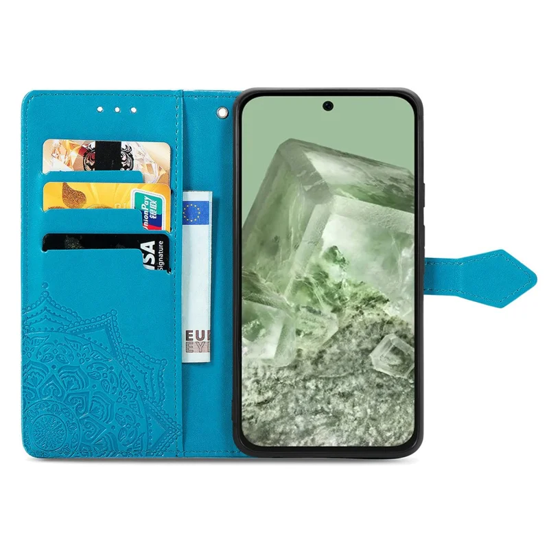 For Google Pixel 8a Case Flip Wallet PU Leather Mandala Embossed Design Phone Cover - Blue