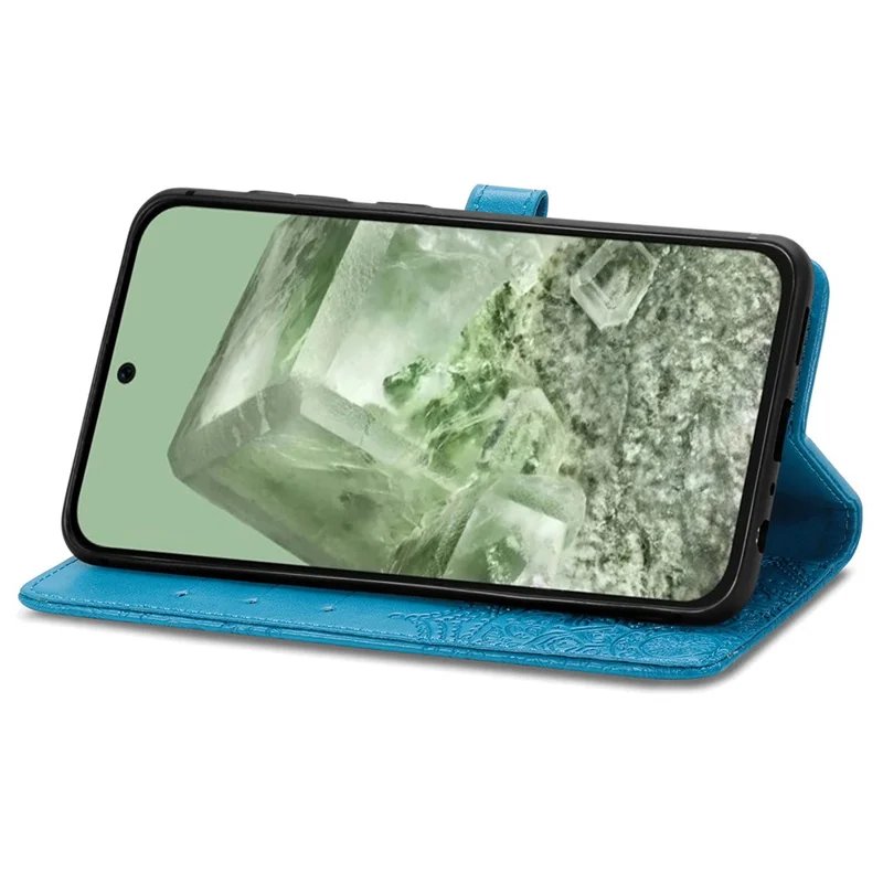 For Google Pixel 8a Case Flip Wallet PU Leather Mandala Embossed Design Phone Cover - Blue