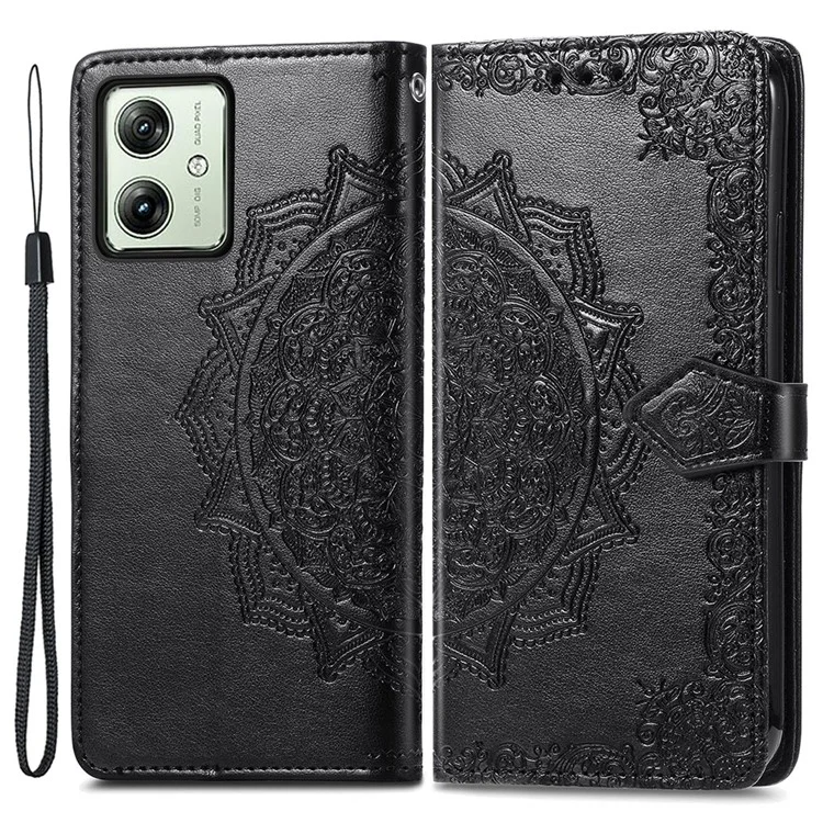 For Motorola Moto G54 5G Case PU Leather Mandala Pattern Magnetic Closure Wallet Phone Cover - Black