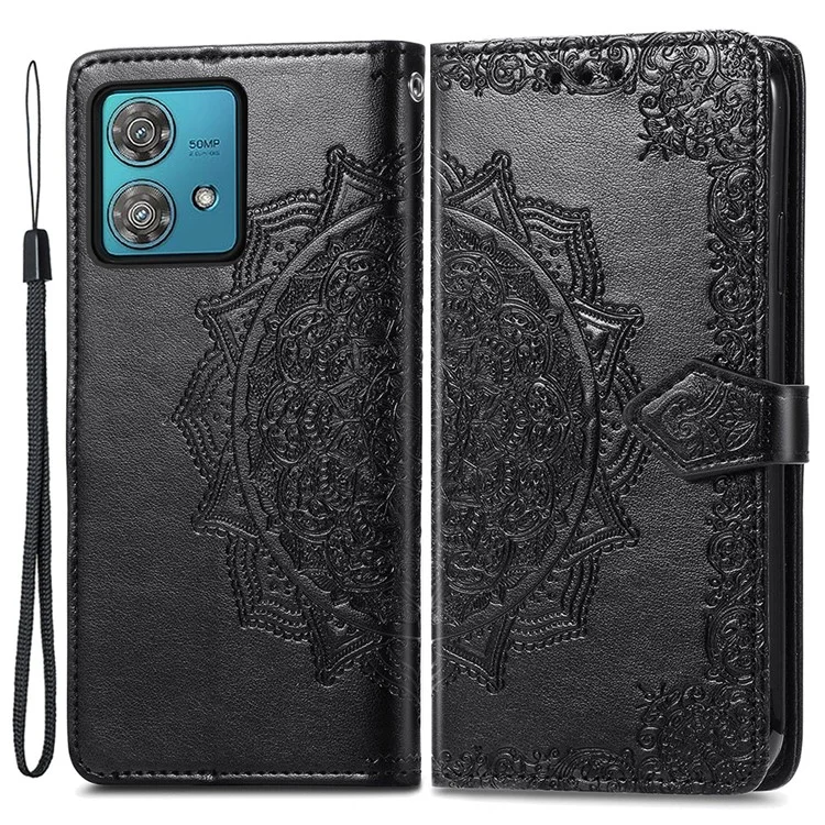 For Motorola Edge 40 Neo 5G Case Mandala Embossed PU Leather 3 Card Slots Phone Cover - Black