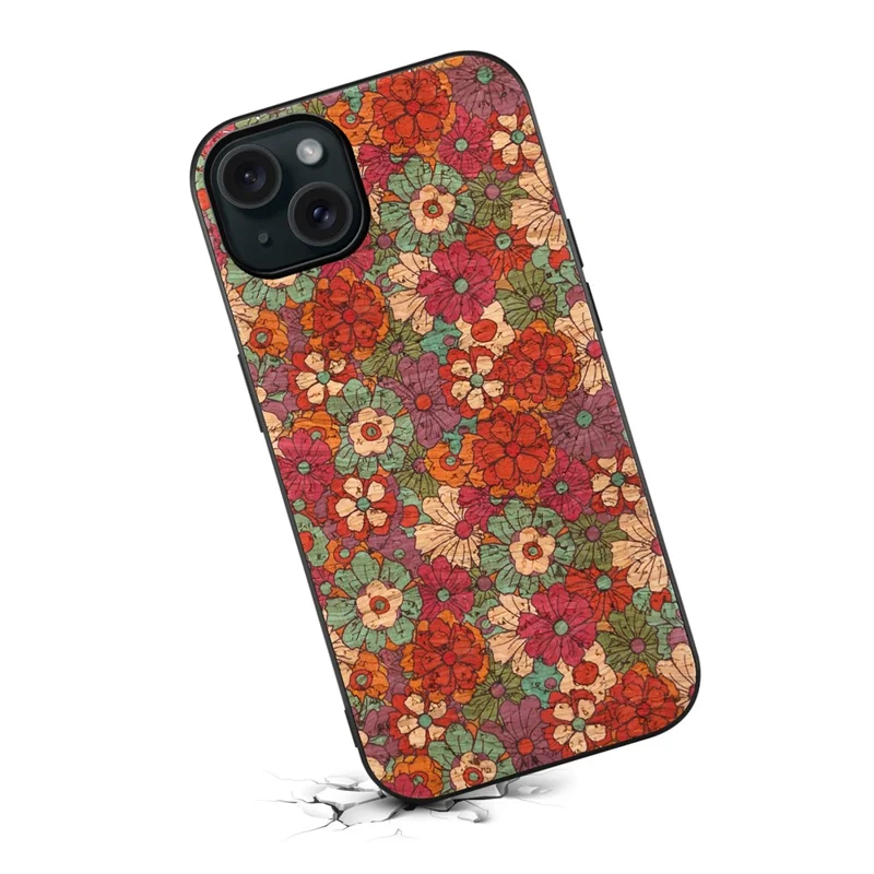 For iPhone 15 Plus Case PU Leather Non-Slip Grip Printing Flower Back Cover - Summer / Red