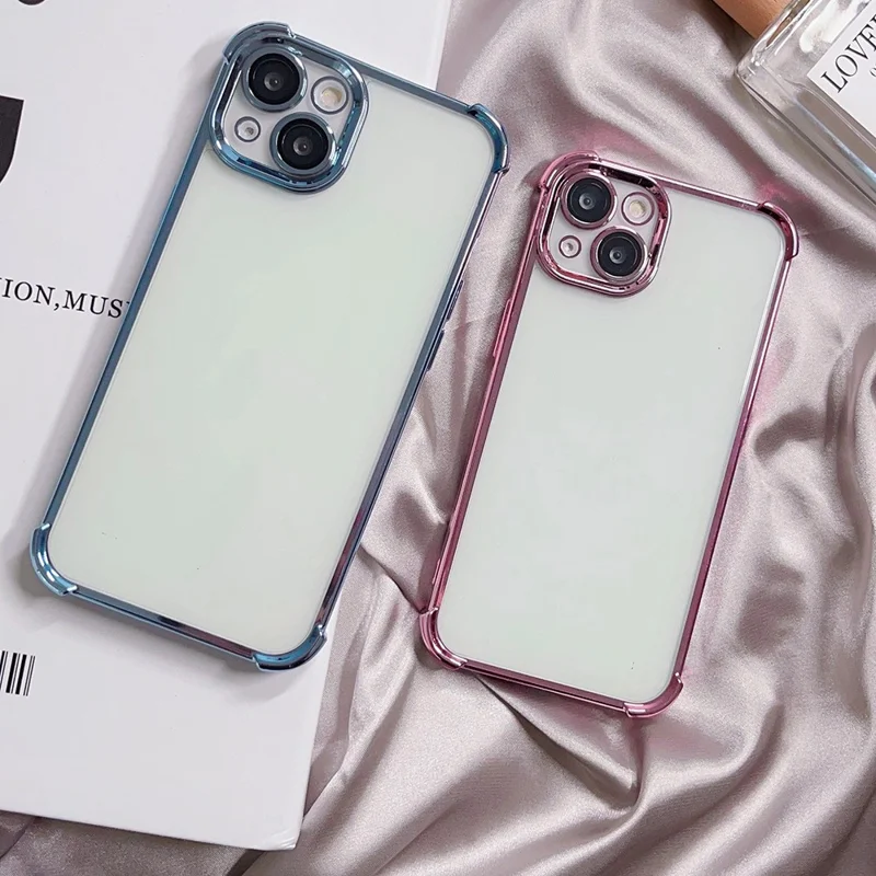 Für iPhone 15 Case Electroplate TPU Clear Back Phone Cover mit PVC Lens Film - Pink