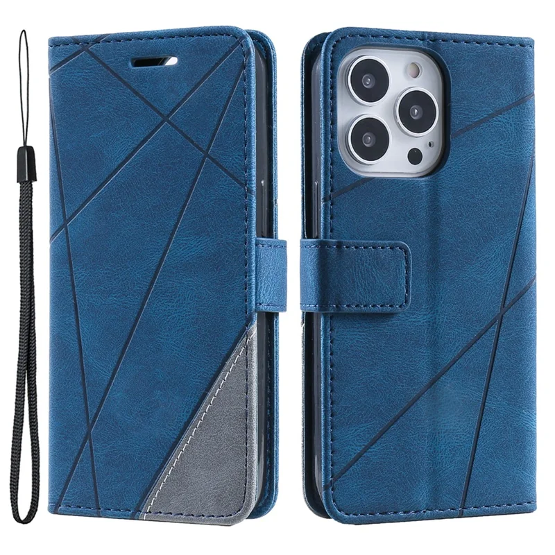 For iPhone 13 Pro Max Case Wallet Phone Leather Cover Lines Imprinted - Blue