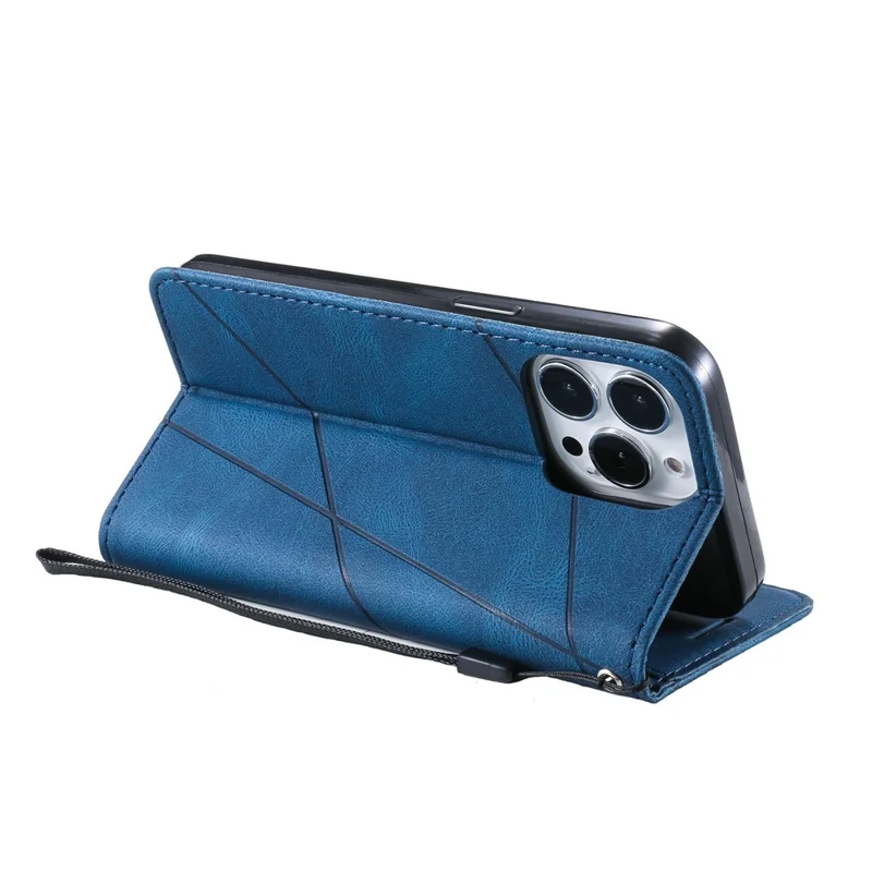 For iPhone 13 Pro Max Case Wallet Phone Leather Cover Lines Imprinted - Blue