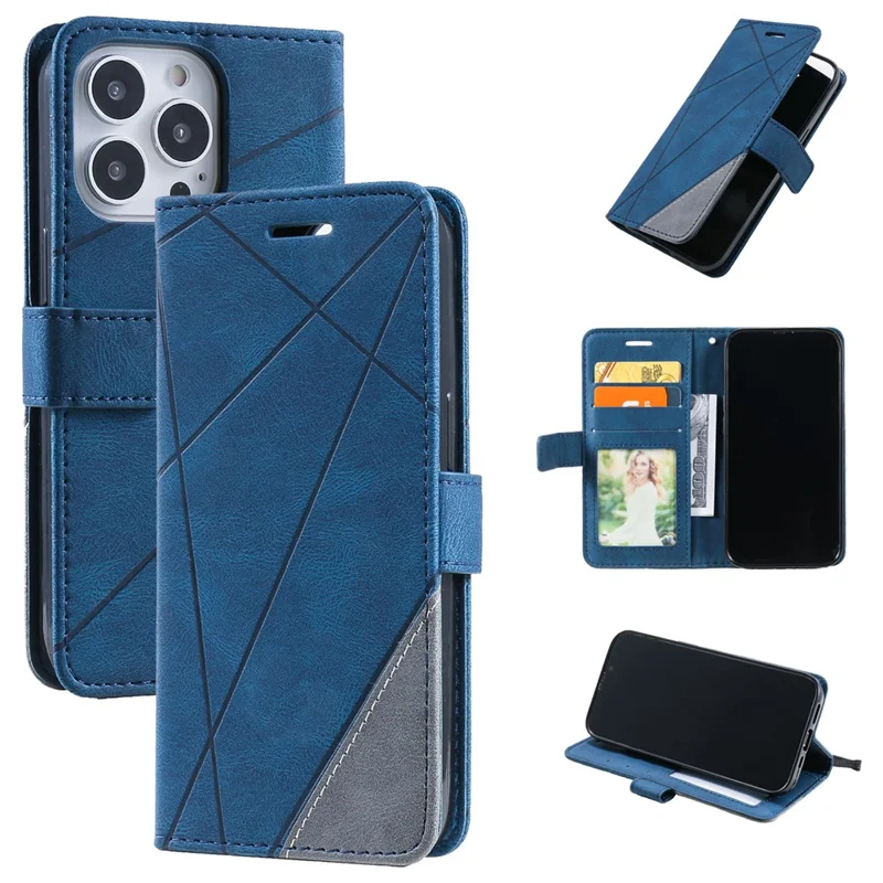 For iPhone 13 Pro Max Case Wallet Phone Leather Cover Lines Imprinted - Blue