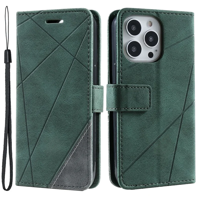 For iPhone 13 Pro Max Case Wallet Phone Leather Cover Lines Imprinted - Green