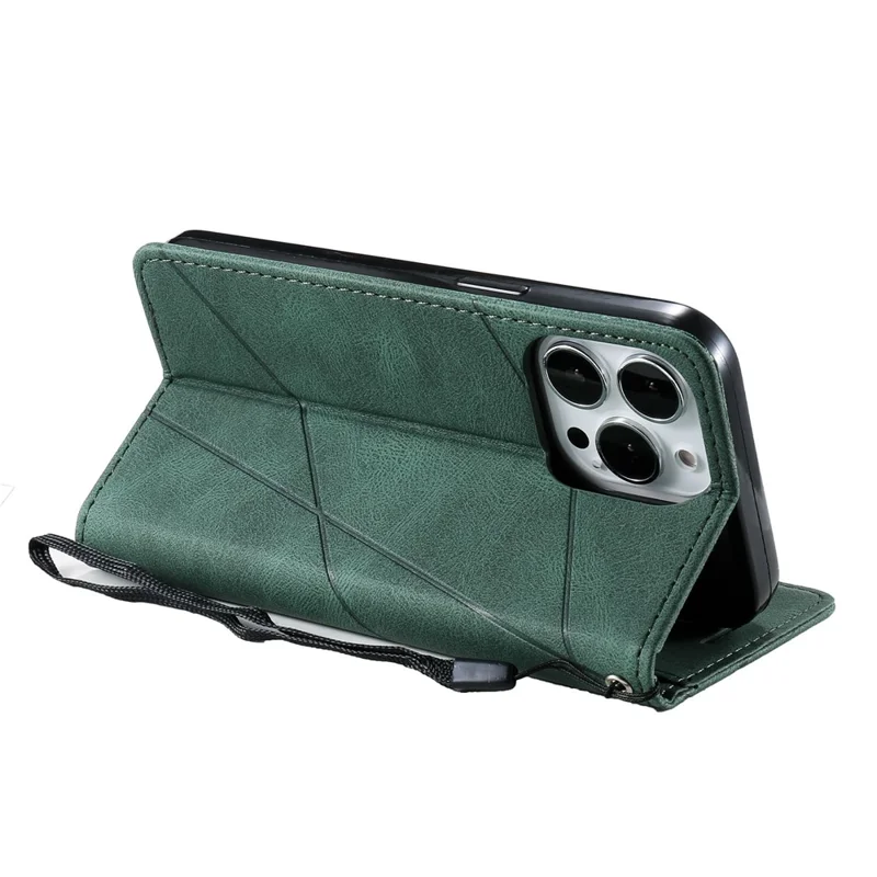 For iPhone 13 Pro Max Case Wallet Phone Leather Cover Lines Imprinted - Green