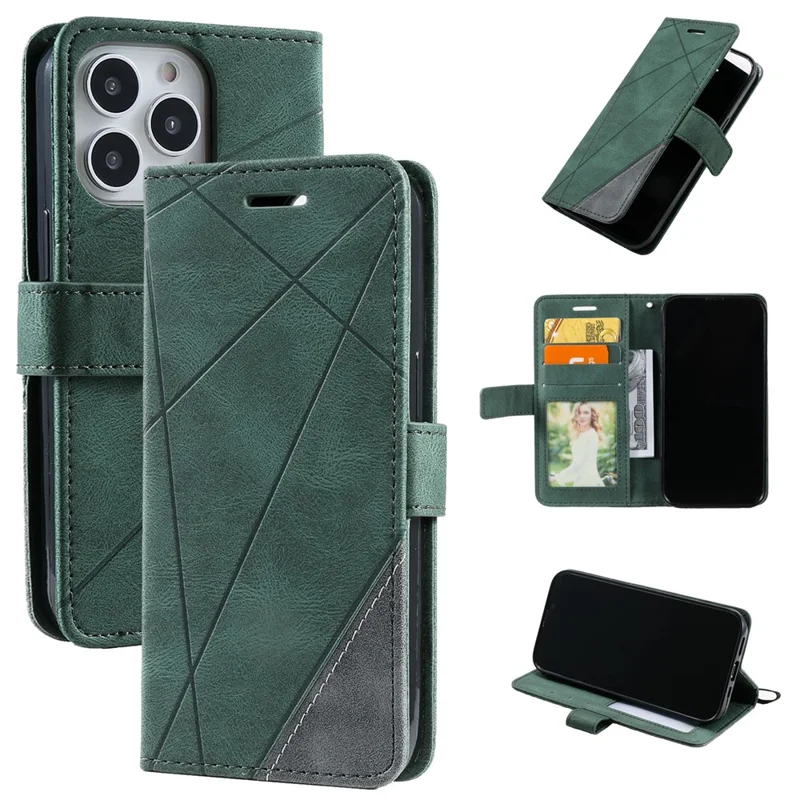 For iPhone 13 Pro Max Case Wallet Phone Leather Cover Lines Imprinted - Green