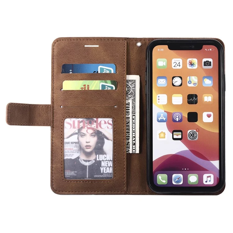 Capa de Couro com Alça para iPhone 11 - Pele e Toque Splice Wallet Phone Cover - Marrom
