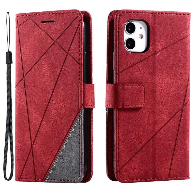 For iPhone 11 Leather Case with Strap Skin-touch Splicing Wallet Phone Cover - Red