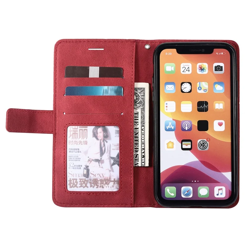 For iPhone 11 Leather Case with Strap Skin-touch Splicing Wallet Phone Cover - Red