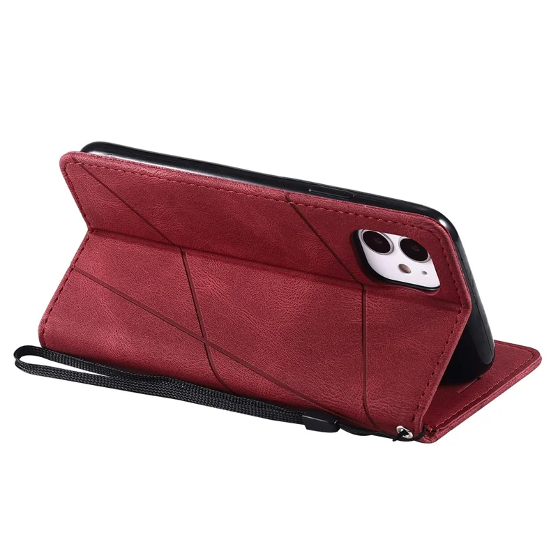 For iPhone 11 Leather Case with Strap Skin-touch Splicing Wallet Phone Cover - Red