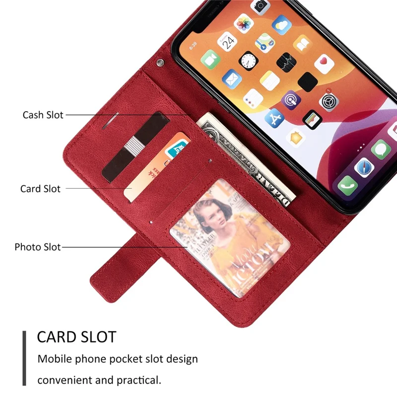For iPhone 11 Leather Case with Strap Skin-touch Splicing Wallet Phone Cover - Red