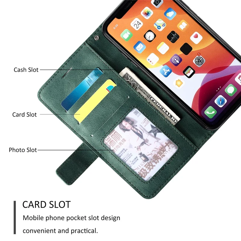 Funda de cuero para iPhone 11 con correa, revestimiento con tacto de piel y billetera - Verde