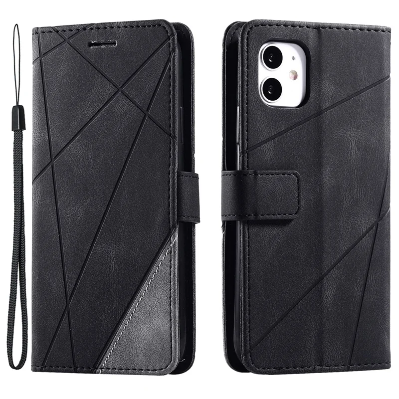 For iPhone 11 Leather Case with Strap Skin-touch Splicing Wallet Phone Cover - Black