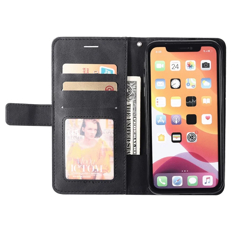 For iPhone 11 Leather Case with Strap Skin-touch Splicing Wallet Phone Cover - Black
