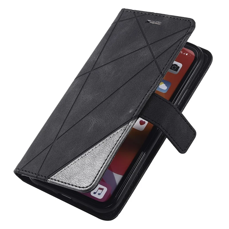 For iPhone 11 Leather Case with Strap Skin-touch Splicing Wallet Phone Cover - Black