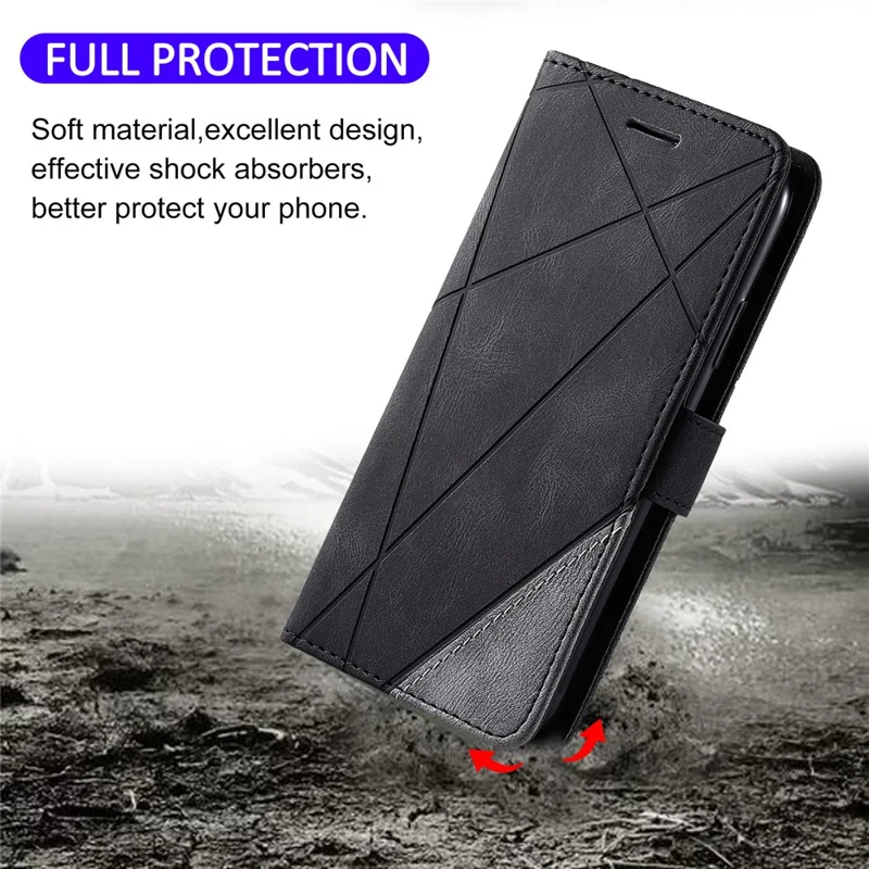 For iPhone 11 Leather Case with Strap Skin-touch Splicing Wallet Phone Cover - Black