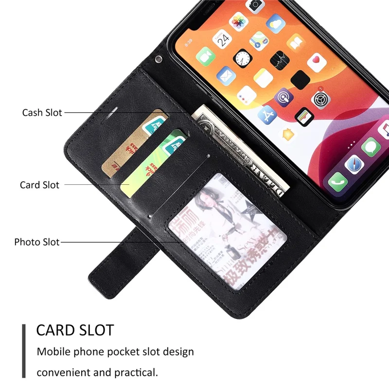 For iPhone 11 Leather Case with Strap Skin-touch Splicing Wallet Phone Cover - Black