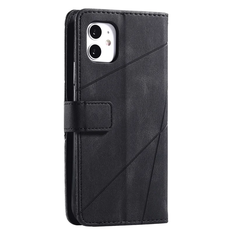 For iPhone 11 Leather Case with Strap Skin-touch Splicing Wallet Phone Cover - Black