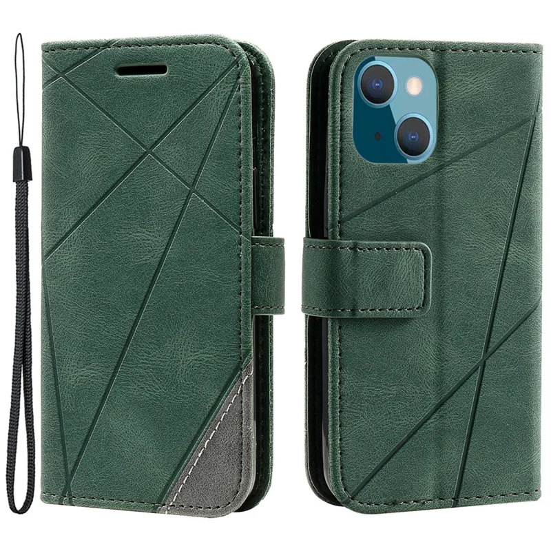 For iPhone 13 Case Splicing Leather Phone Cover with Wallet Card Slots - Green