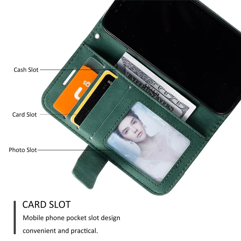 For iPhone 13 Case Splicing Leather Phone Cover with Wallet Card Slots - Green