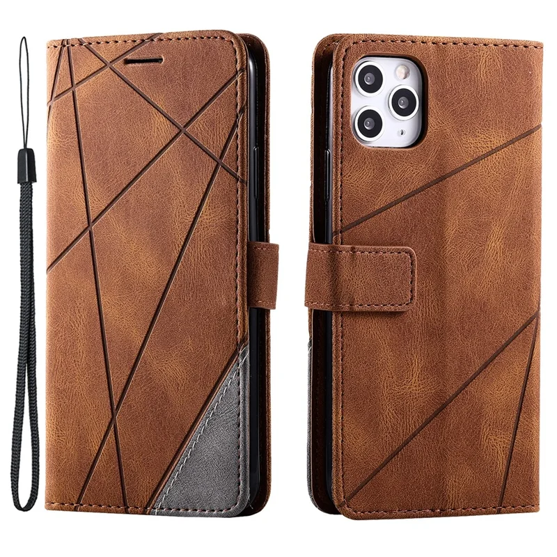For iPhone 11 Pro Max Case Splicing PU Leather Phone Wallet Cover Lines Imprinted - Brown