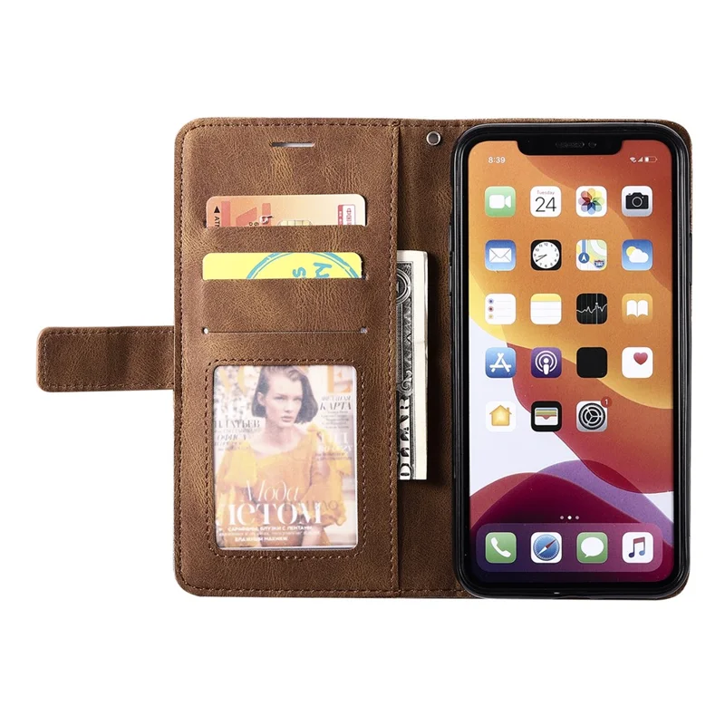For iPhone 11 Pro Max Case Splicing PU Leather Phone Wallet Cover Lines Imprinted - Brown