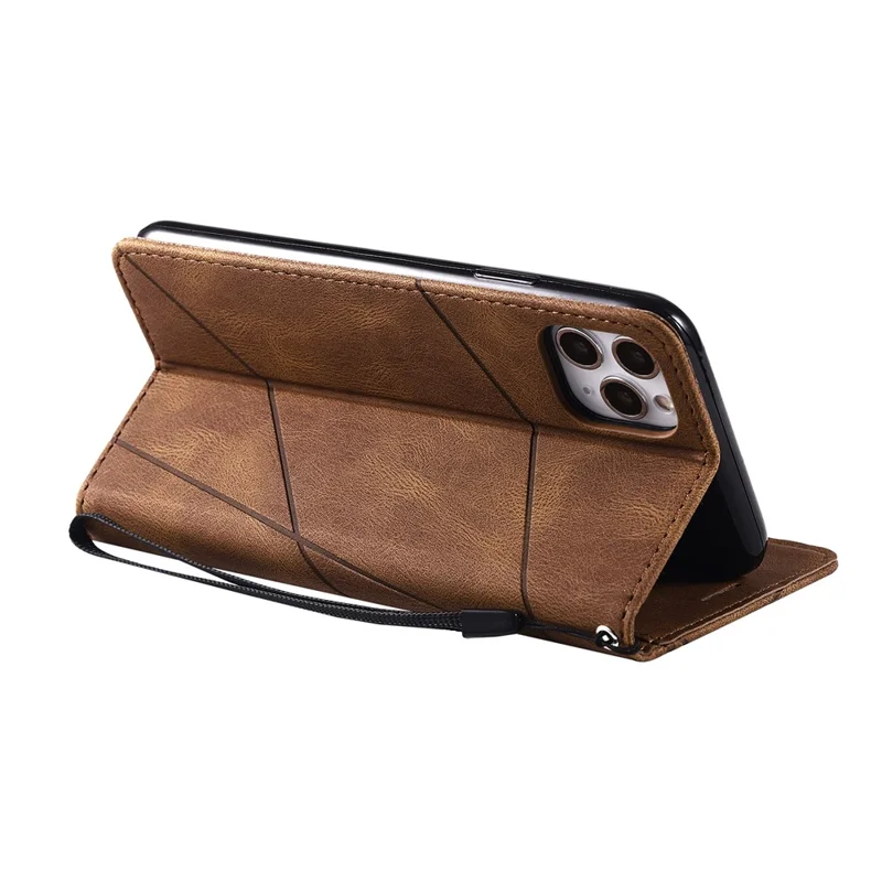 For iPhone 11 Pro Max Case Splicing PU Leather Phone Wallet Cover Lines Imprinted - Brown