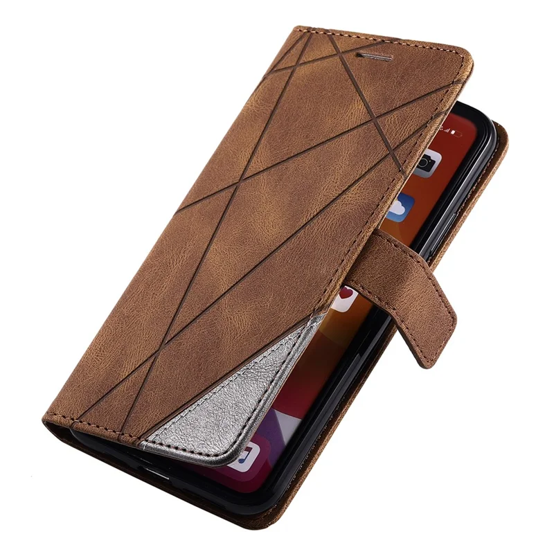 For iPhone 11 Pro Max Case Splicing PU Leather Phone Wallet Cover Lines Imprinted - Brown